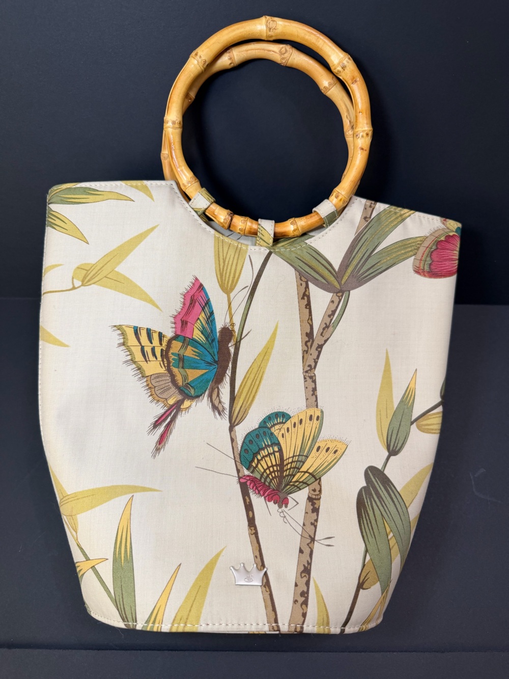 Elaine Turner Bamboo Handle Butterfly Print Shoulder Bag in Cream, Yellow, Teal